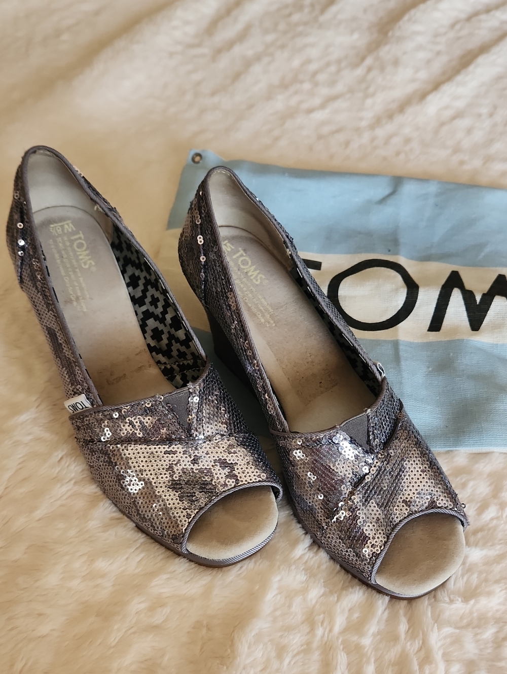 Toms Women’s Sequin Peep-Toe Wedges in Silver